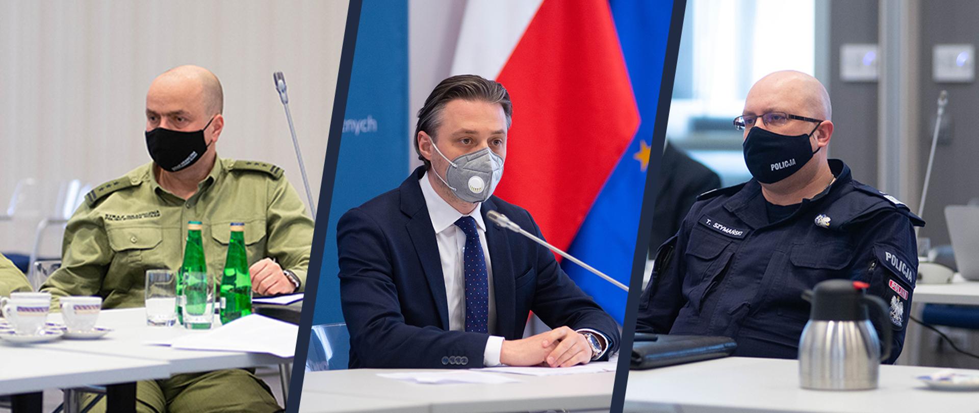 Wiceminister Bartosz Grodecki oraz funkcjonariusze Policji i Straży Granicznej podczas obrad Zespołu ds. Zintegrowanego Zarządzania Granicą Państwową.