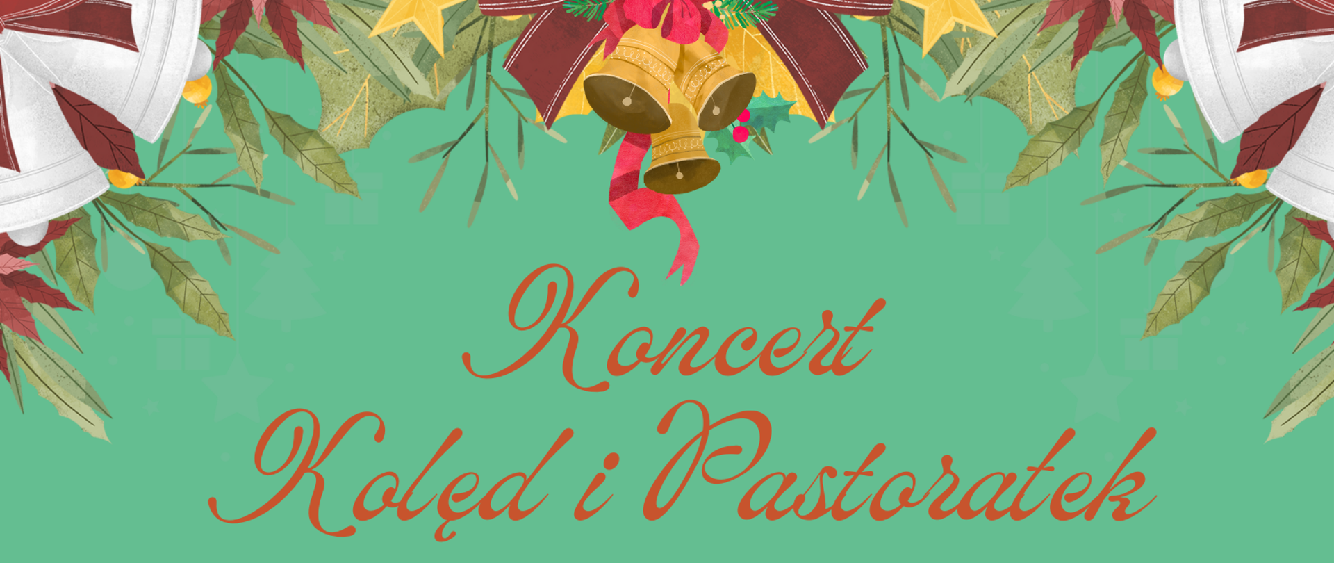 Plakat zapraszający na „Koncert Kolęd i Pastorałek” w wykonaniu uczniów Państwowej Szkoły Muzycznej I stopnia im. A. Tansmana w Kępnie. Grafika utrzymana w zielonej, świątecznej kolorystyce. W górnej części dekoracje bożonarodzeniowe: dzwonki z czerwoną wstążką, gwiazdy oraz gałązki świerkowe. Centralnie umieszczony czerwony tytuł wydarzenia. Poniżej szczegóły organizacyjne: data 14 stycznia 2026 roku. Wydarzenie odbędzie się: o godz. 9:30 dla Przedszkola Samorządowego nr 4 w Kępnie oraz Przedszkola w Donaborowie, a o godz. 10:30 dla Przedszkola Zgromadzenia Sióstr Boromeuszek w Kępnie. W dolnej części plakatu widoczna choinka z ozdobami, prezenty oraz świąteczne motywy, takie jak lampki i płatki śniegu.