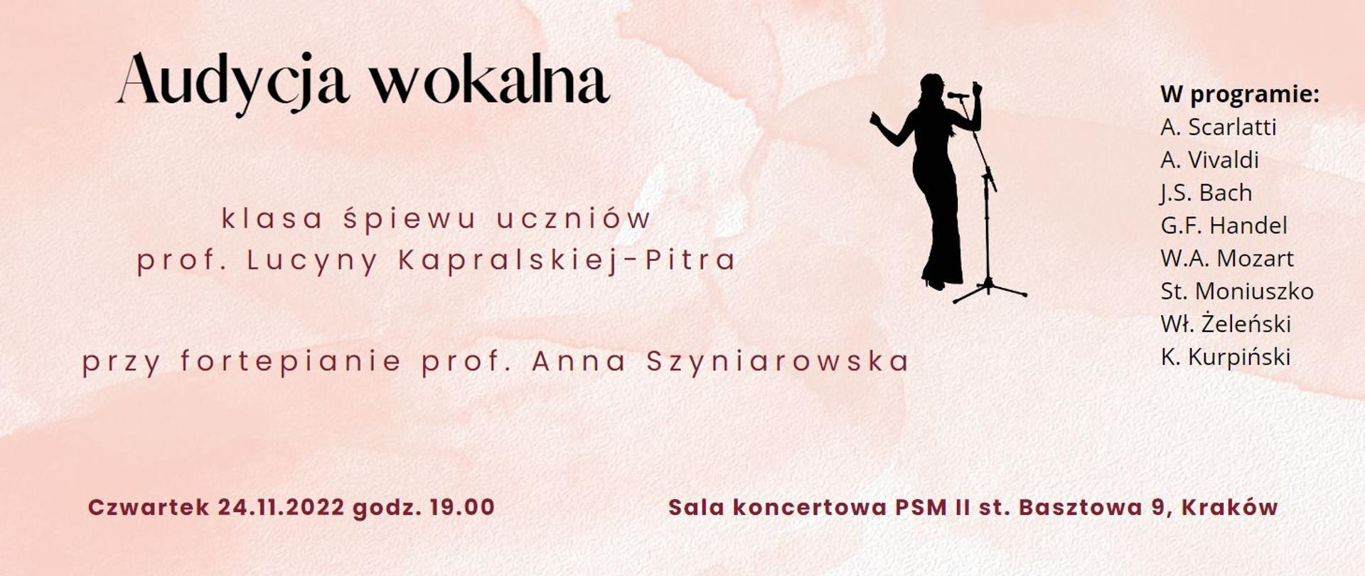 Na różowym tle napis Audycja wokalna klasa śpiewu uczniów prof. Lucyny Kapralskiej-Pitra czwartek 24.11.godz.19 obrazek śpiewająca dziewczyna w kolorze czarnym