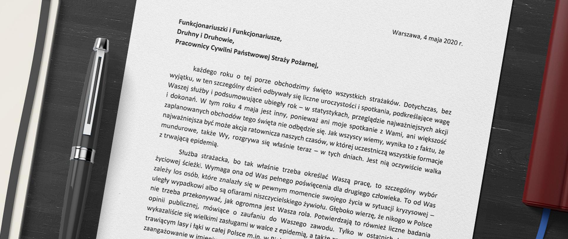 Fragment listu ministra MSWiA Mariusza Kamińskiego skierowany do Funkcjonariuszy i Pracowników Państwowej Straży Pożarnej.