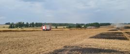 Widok spalonego zboża. W oddali strażacy dogaszają pogorzelisko.