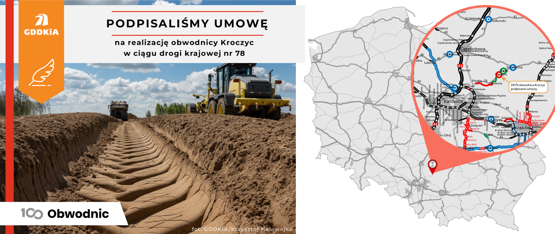 Infografika dotycząca podpisania umowy na realizację obwodnicy Kroczyc w ciągu DK78 z mapką pokazującą lokalizację inwestycji 