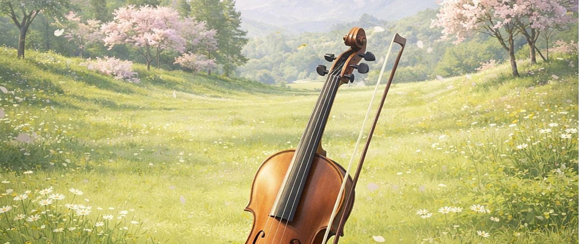 Zdjęcie przedstawia skrzypce stojące na polanie. W tle kwitnące drzewa oraz wiosenna zielona trawa.