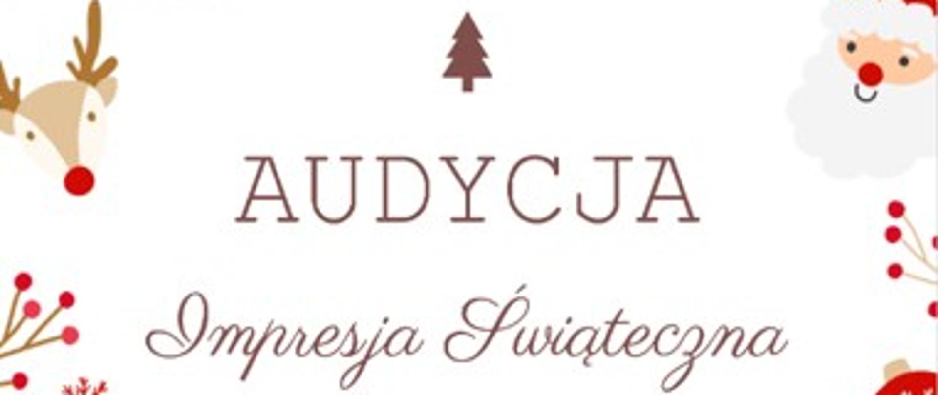 Tytuł: AUDYCJA Impresja Świąteczna Wykonawcy: Uczniowie fortepianu mgr Małgorzaty Majdy. Grafika: Plakat ma delikatne, świąteczne motywy w kolorach czerwonym, beżowym i brązowym, w tym: Mikołaja, choinki, rękawiczki, jemiołę i renifery. Data i miejsce: 19 grudnia 2025, godzina 16:00, w Auli Szkoły Muzycznej w Rabce-Zdroju.