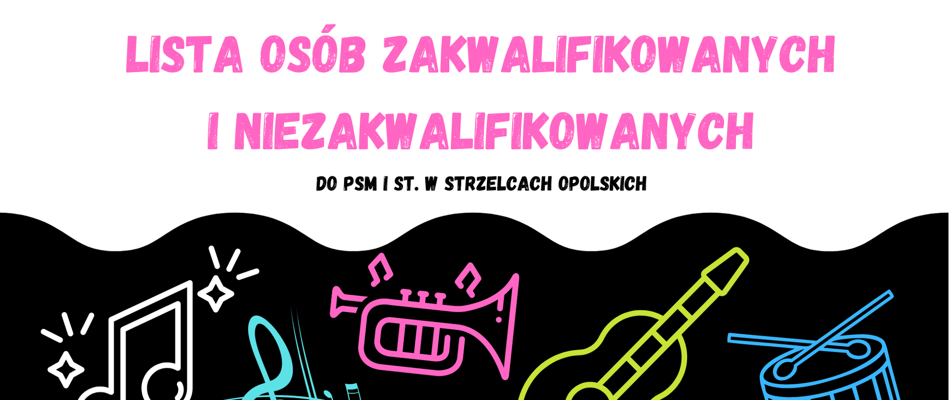 biało czarne tło, instrumenty i logo szkoły