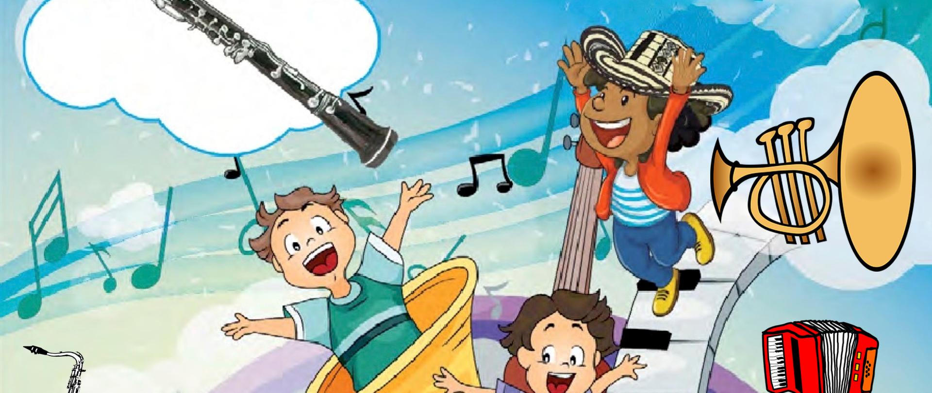 Grafika przedstawia kolorowy animowany obrazek dzieci, instrumentów na zawijanej pięciolini. U góry logo szkoły i napis IV Szkolny Konkurs Sekcji Dętej"Dęte Nutki" w kolorze czerwonym, na dole tekst "zapraszamy" w kolorze ciemno-żółtym.