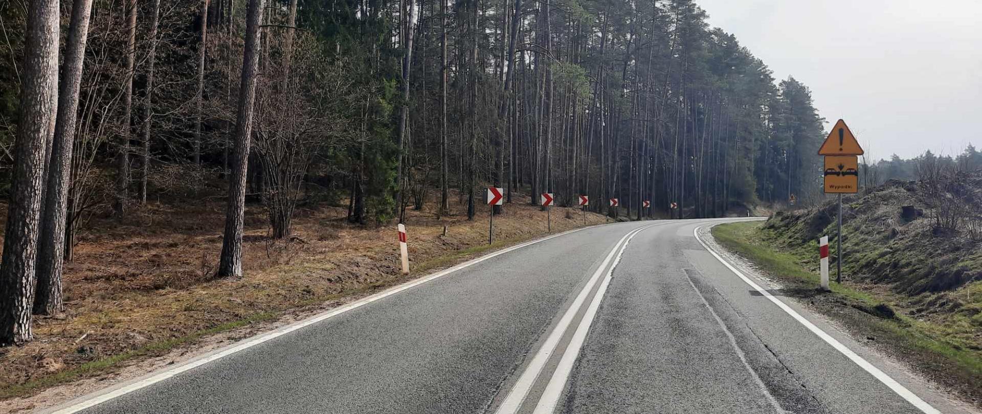 Droga asfaltowa biegnie ostrym łukiem przez las. Po prawej stronie znak drogowy ostrzegający przed wypadkami.