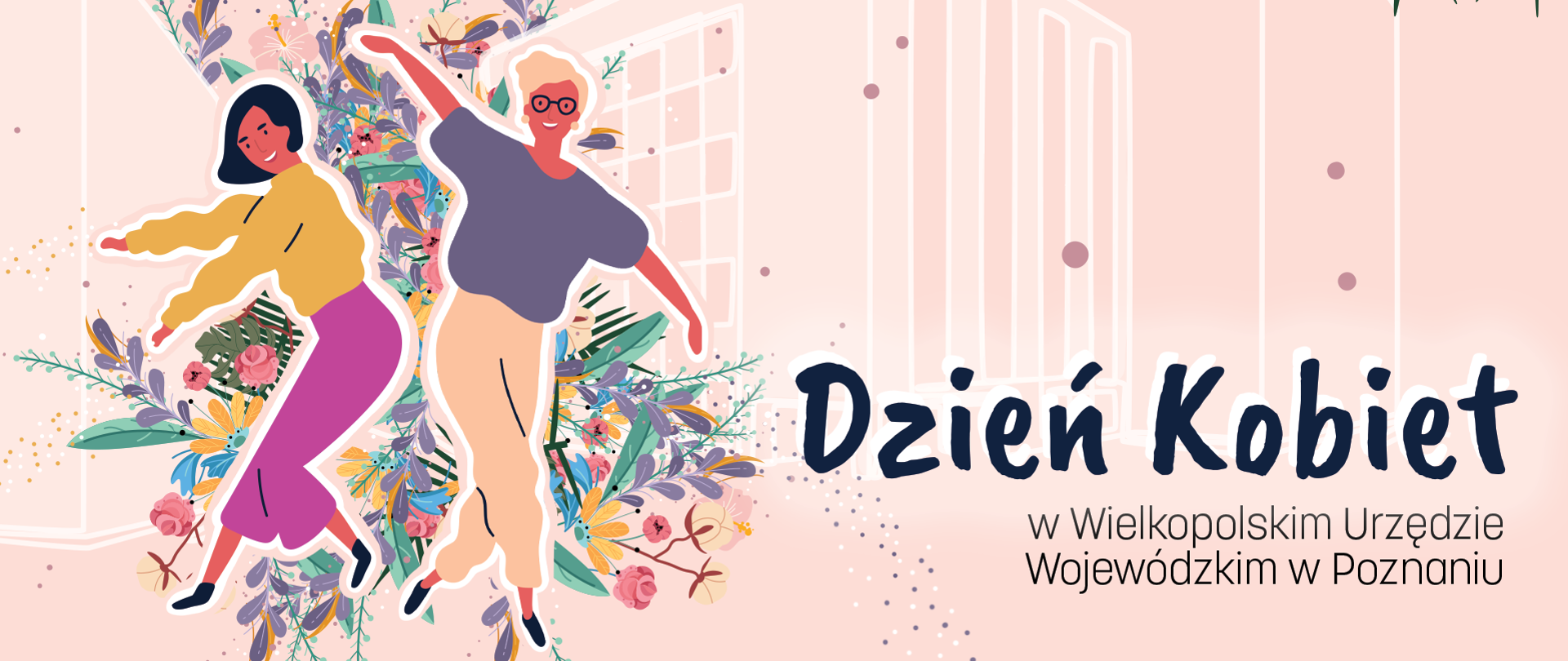 baner dzień kobiet grafika roztańczonych, uśmiechniętych kobiet na tle kwiatów i budynku urzędu