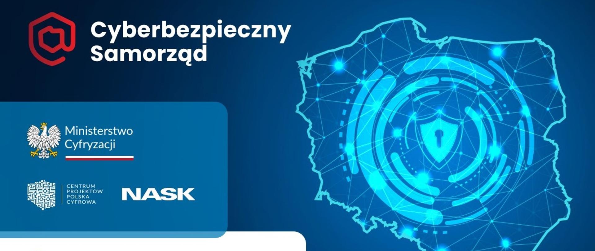 grafika na niej mapa Polski, promienie i napis Cyberbezpieczny Samorząd