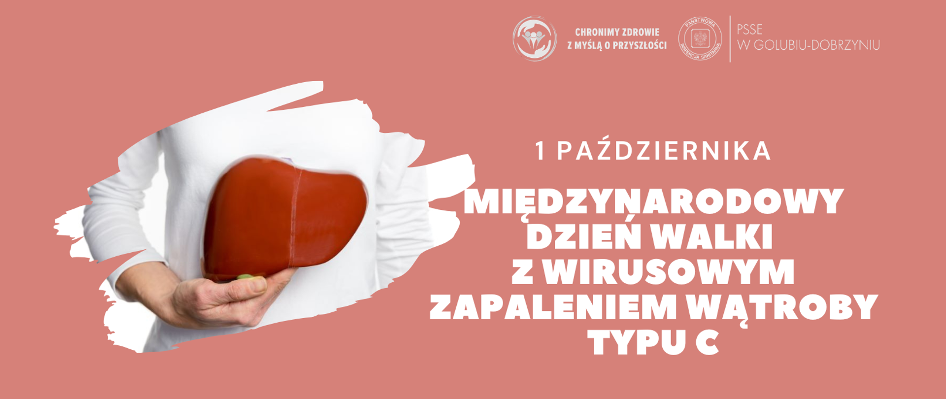 Na łososiowym tle z lewej strony grafika przedstawiająca osobę trzymającą wątrobę. Po prawej stronie biały "1 PAŹDZIERNIKA MIĘDZYNARODOWY DZIEŃ WALKI Z WIRUSOWYM ZAPALENIEM WĄTROBY TYPU C", a powyżej logo Powiatowej Stacji Sanitarno-Epidemiologicznej w Golubiu-Dobrzyniu oraz hasło: "Chronimy zdrowie z myślą o przyszłości".