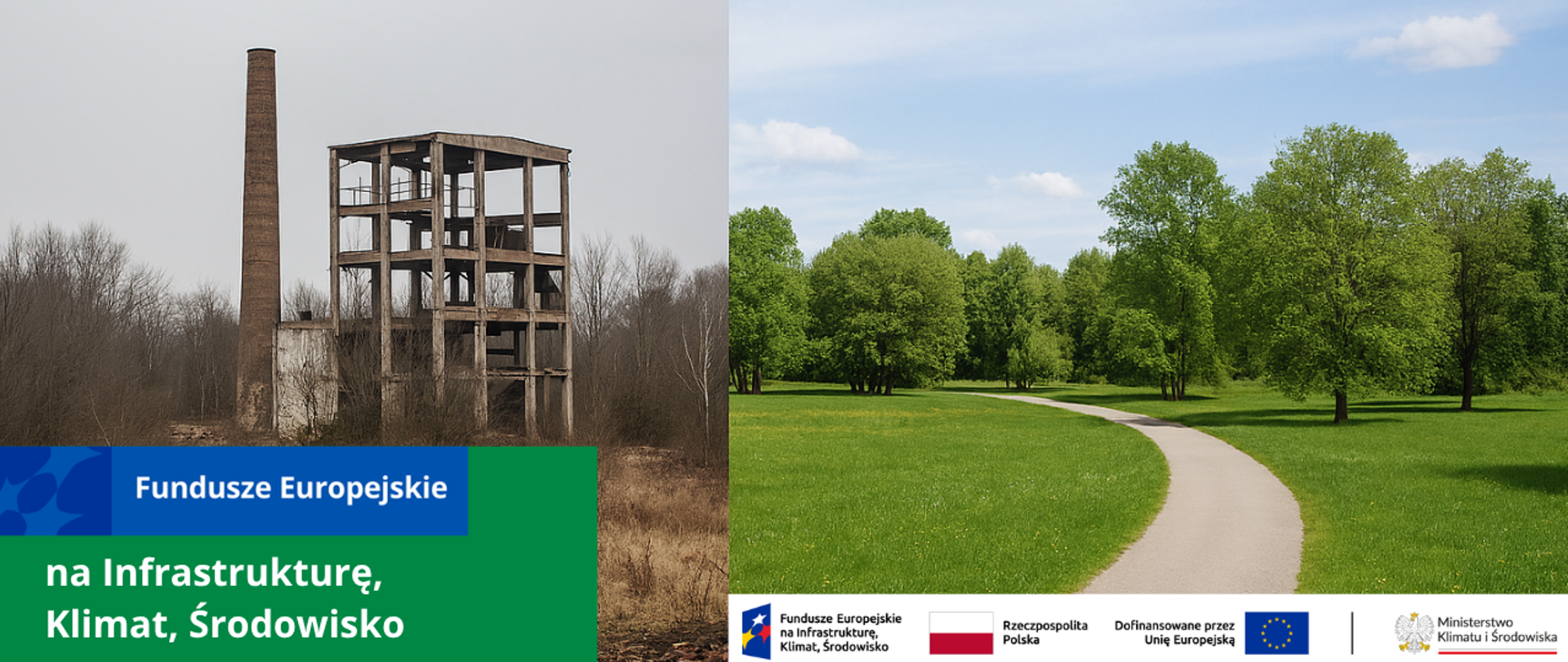 Po lewej stronie zdjęcie przedstawia tereny poprzemysłowe, szkielet budynku wraz z kominem natomiast po prawej strony widoczny jest zielony park z drzewami ze ścieżką.