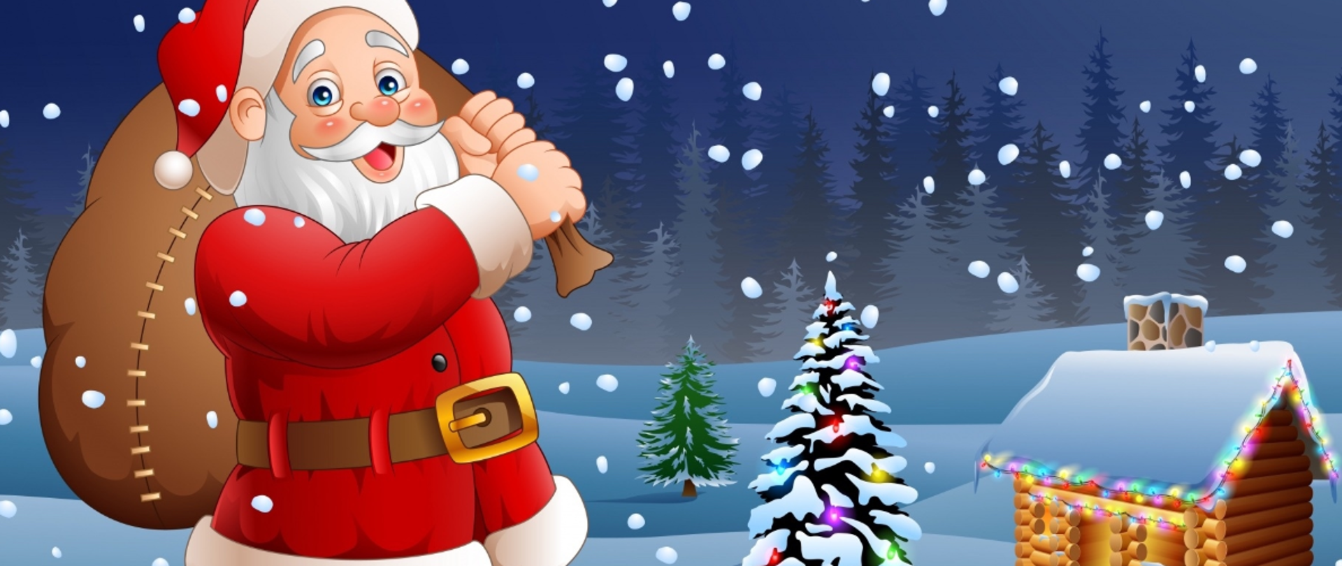 grafika, na pierwszym planie Św. Mikołaj, pada śnieg, na drugim planie drewniany ośnieżony domek i choinka