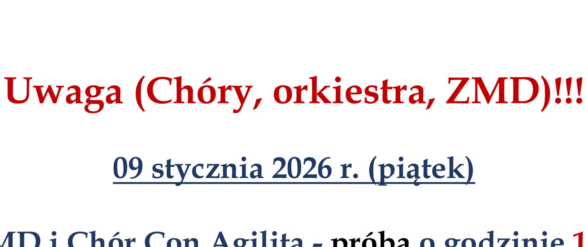 Plakat na białym tle z informacją o próbach zespołów w kolorze czerwonym i granatowym. Na dole ilony śpiewających dzieci. 