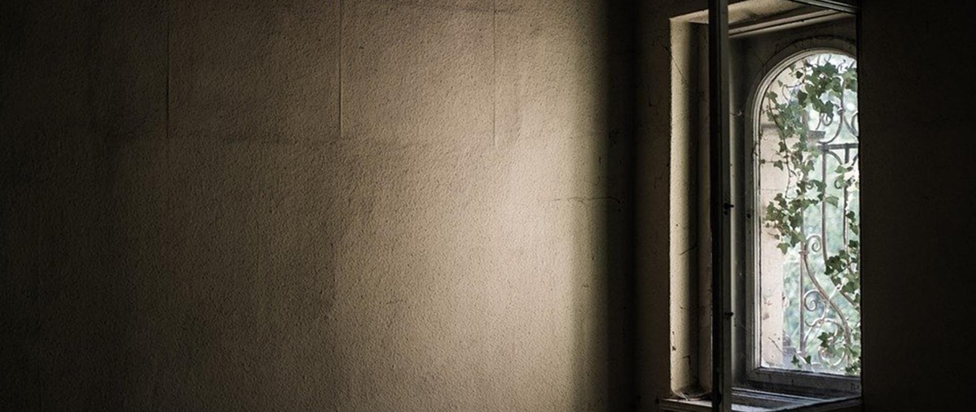 Na zdjęciu: ciemny pokój. Źródło światła stanowi uchylone okno