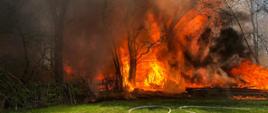 Na zdjęciu widzimy na pierwszym planie bardzo duże płomienie, sięgające kilkunastu metrów, obejmujące budynek gospodarczy, maszyny rolnicze, drzewa na posesji oraz składowane drewno. Przed pożarem rozwinięte są linie gaśnicze skierowane na budynek mieszkalny oraz składowane drewno. Po lewej stronie widzimy drewniany płot, który również zaczyna się palić
