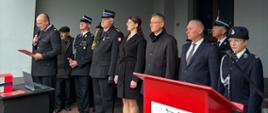 Druhowie OSP przed remizą OSP Osiny, w szyku stoją także sztandary