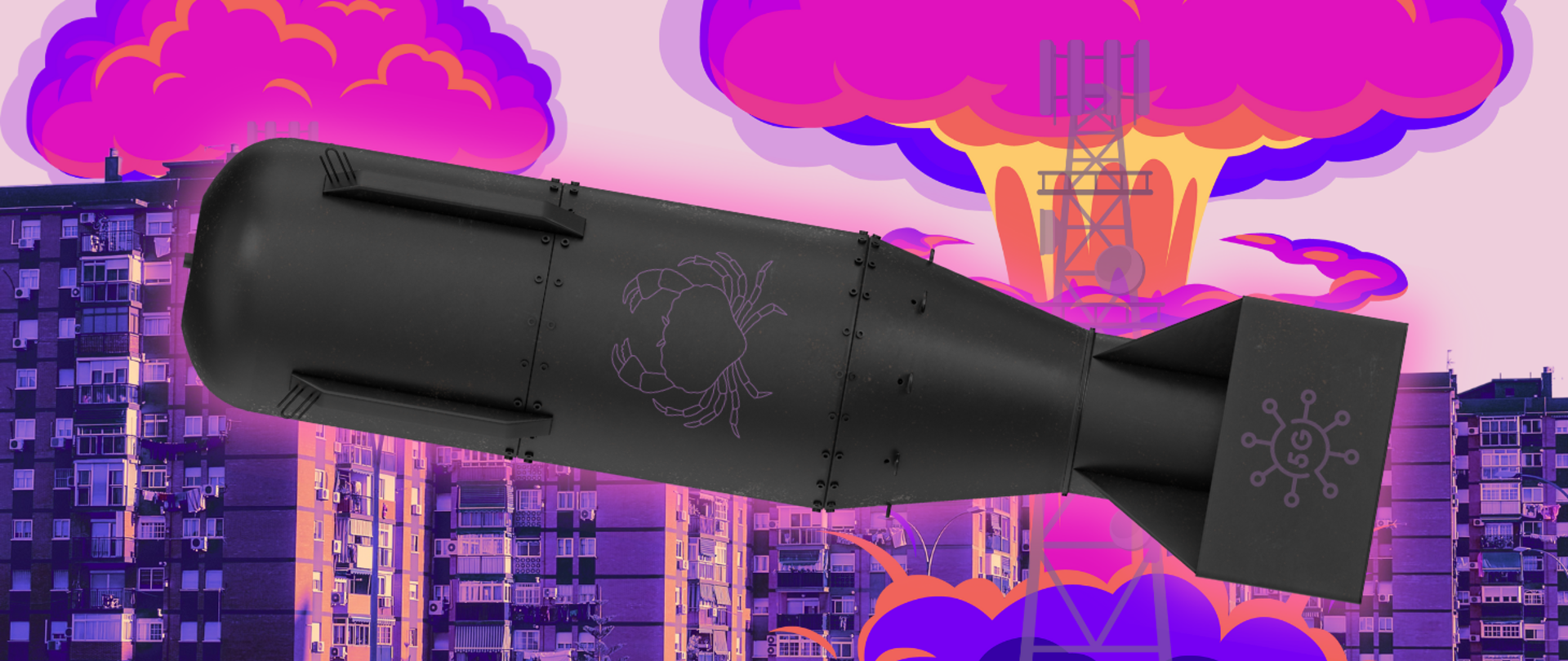 Na pierwszym planie bomba atomowa z symbolami raka i 5G. W tle bloki mieszkalne i eksplozje nuklearne wokół masztów telekomunikacyjnych.