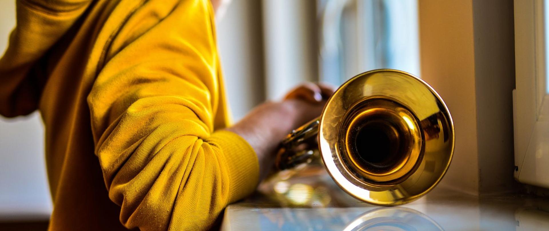 kolorowe zdjęcie przedstawia po lewej stronie stojącego przy oknie ucznia w żółtej bluzie, w ujęciu od ramienia do pasa, po prawej stronie czarę głosową trąbki, odbijającą się w białym, marmurowym parapecie