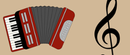 Grafika przedstawiająca akordeon oraz czarny klucz wiolinowy.