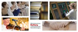 Konkurs o stypendia twórcze i z zakresu upowszechniania kultury, grafika - kolaż sześciu fotografii, ćwiczące baletnice, starszy muzyk grający na skrzypcach, stos książek, dziewczynka bawiąca się gra logiczną, dłonie osoby restaurującej stary dokument, logotyp Ministerstwa Kultury i Dziedzictwa Narodowego. 