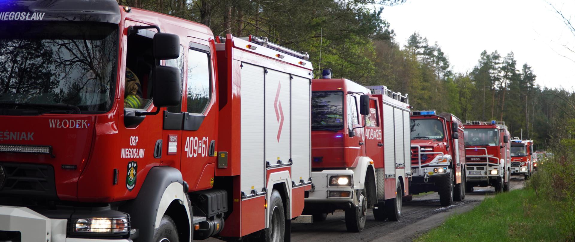 Zdjęcie ukazuje samochody gaśnicze jadące w kolumnie do miejsca pożaru