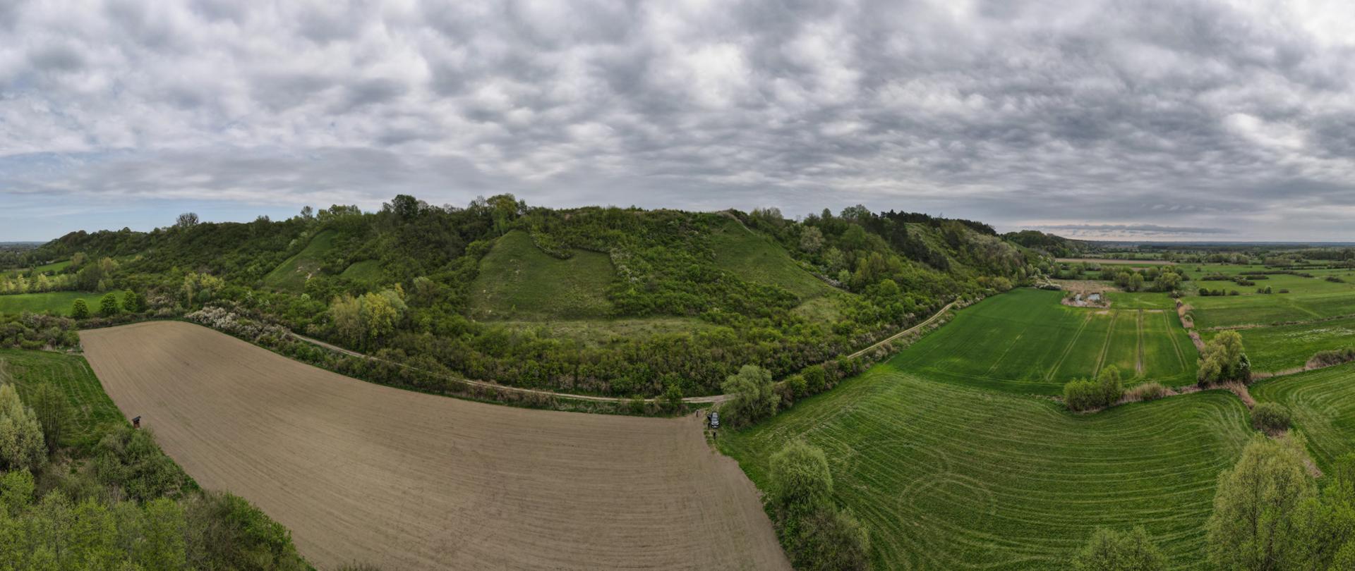 Zbocza Płutowskie - widok na skarpy porośnięte roślinnością zielną i zakrzewieniami w rezerwacie przyrody Zbocza Płutowskie.