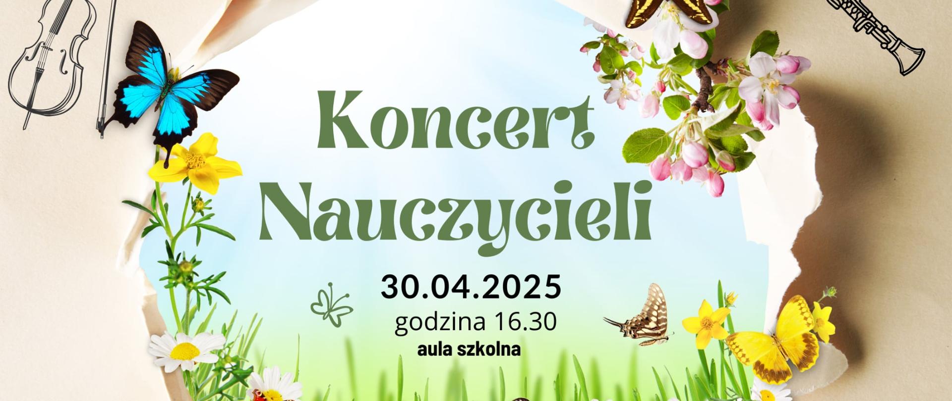 Plakat koncertu nauczycieli 30 kwietnia 2025 o godz. 16:30 na jasnym tle z elementami muzycznymi i logotypem PSM Kościan