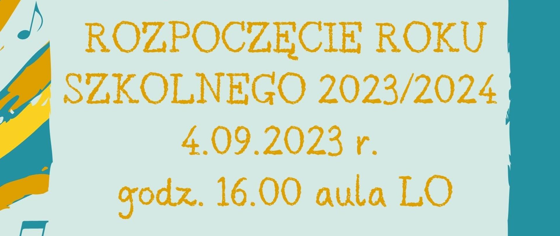 Na plakacie widoczne jest logo PSM Strzelin oraz informacje dotyczące wydarzenia. Tło plakatu jest błękitne z żółtymi nieregularnymi pasami.
