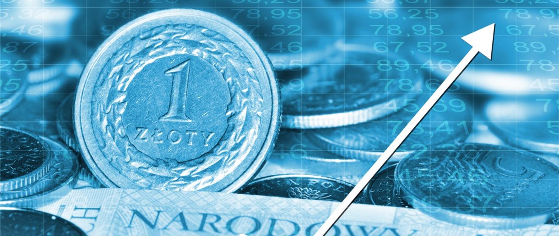 Banknot i monety na tle wykresu