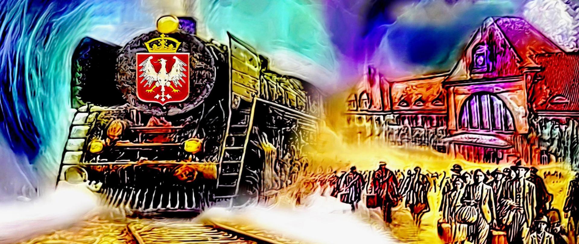 Plakat przedstawia lokomotywę parową jadącą po szynach. Obok nieistniejący budynek dworca w Koszalinie, a na pierwszym planie tłumy ludzi z bagażami. Kolory przypominające sceny fantastyczne. Na lokomotywie godło Polski. Plakat zawiera zaproszenie i informacje o planowanym wernisażu. 