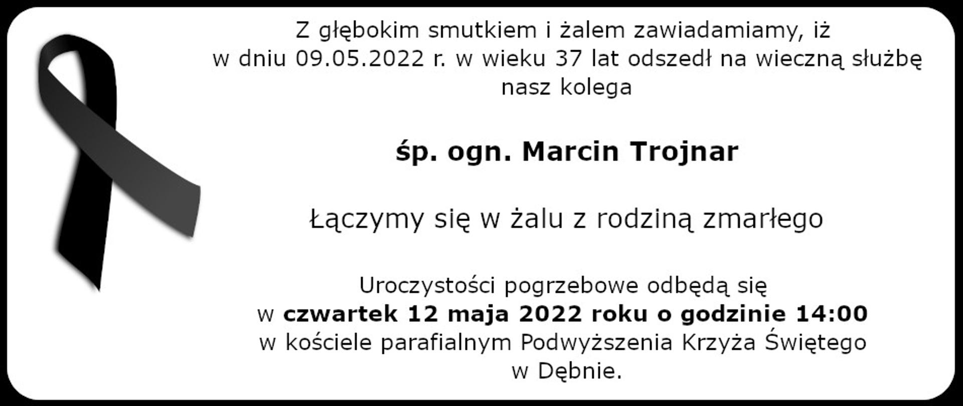 Z głębokim żalem zawiadamiamy, że w dniu 9 maja 2022 r. w wieku 37 lat, odszedł nagle na wieczną służbę śp. ogn. Marcin Trojnar – funkcjonariusz Komendy Powiatowej Państwowej Straży Pożarnej w Leżajsku.
Uroczystości pogrzebowe odbędą się w czwartek 12 maja 2022 roku o godzinie 14:00 w kościele parafialnym Podwyższenia Krzyża Świętego w Dębnie.