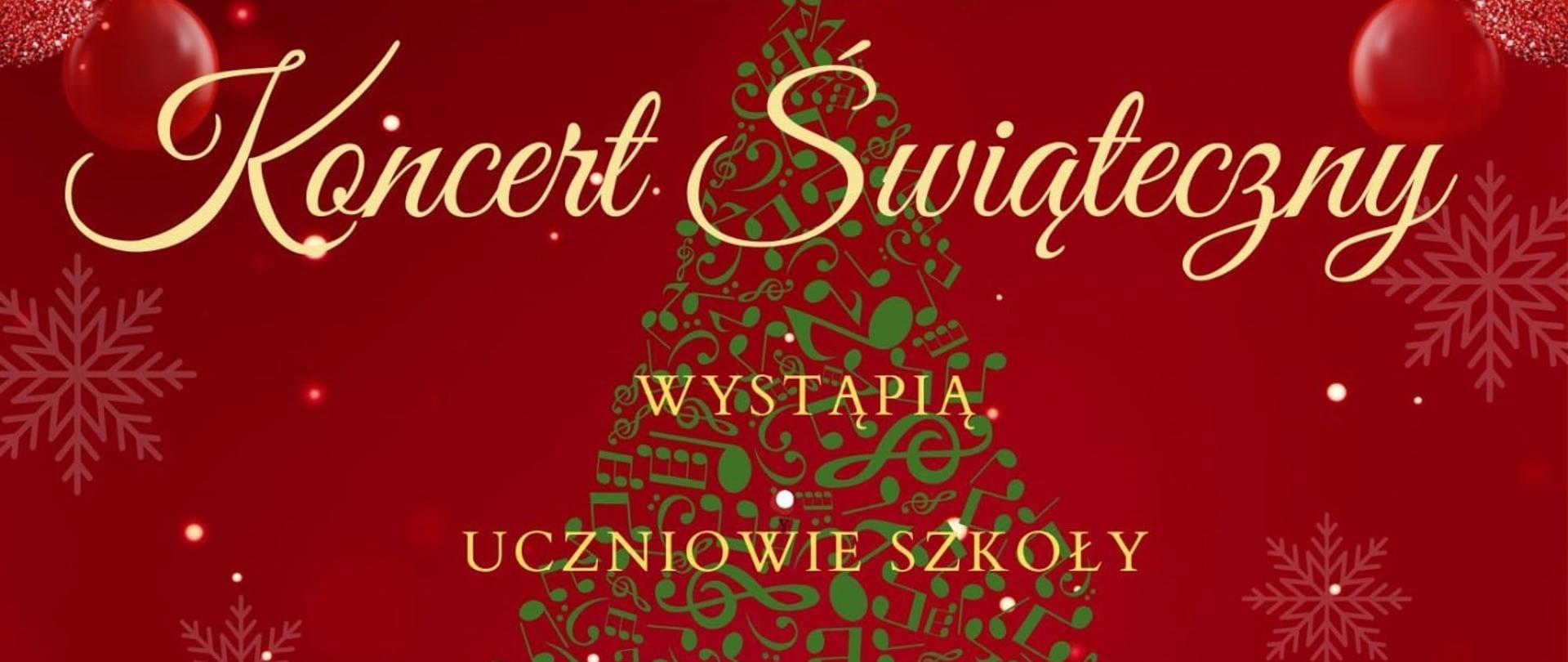 PSM I i II stopnia im. Stanisława Moniuszki w Grudziądzu zaprasza na KONCERT ŚWIĄTECZNY wystąpią uczniowie szkoły, zespoły i chóry. Piątek 19 grudnia 2025 r. godz. 17.00 Aula PSM. W tle kolorowa choinka , gwiazdki, i prezenty na czerwonym tle.