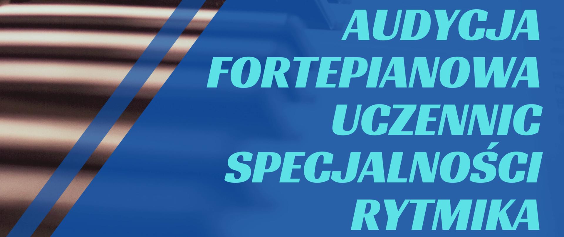 klawiatura fortepianowa częściowo przysłonięta niebieskim filtrem, w lewym górnym rogu logo szkoły