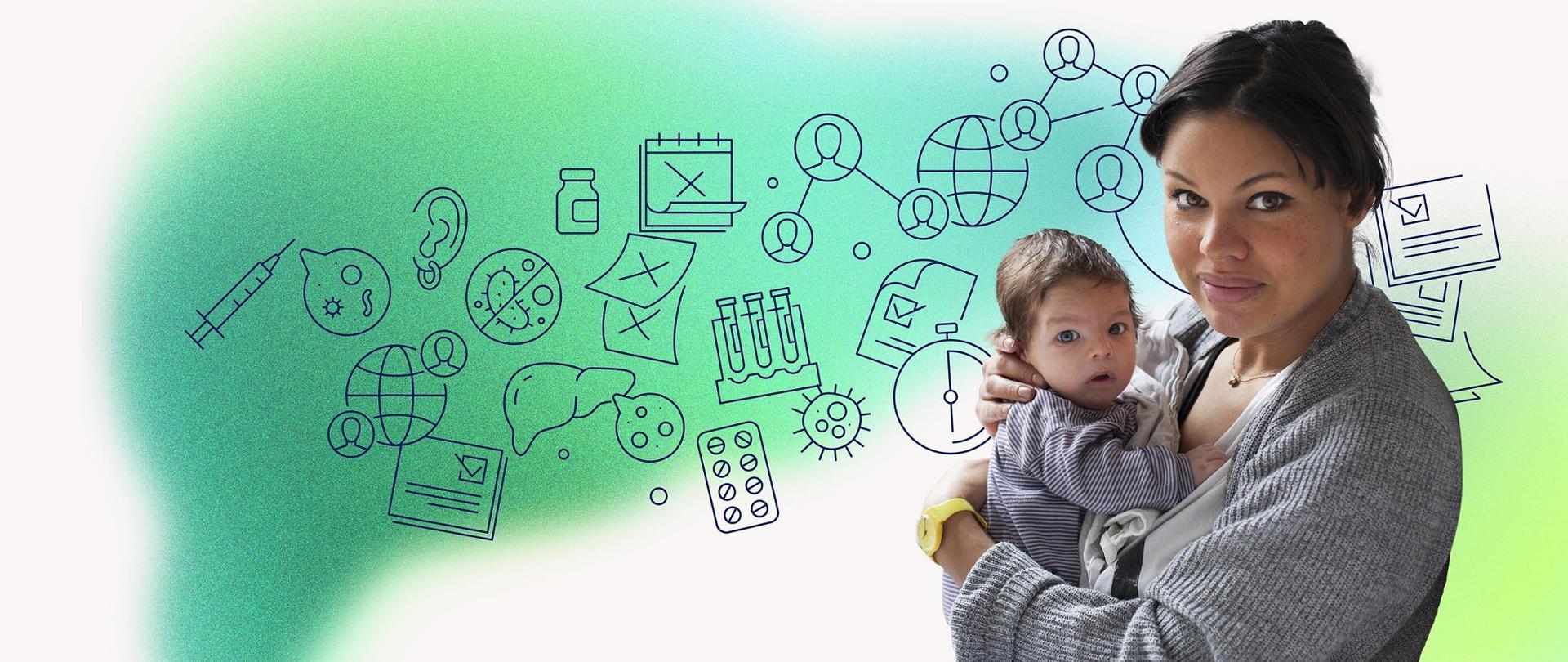 Baner reklamujący Światowy Dzień Wirusowego Zapalenia Wątroby. Na obrazku jest matka trzymająca na rękach dziecko