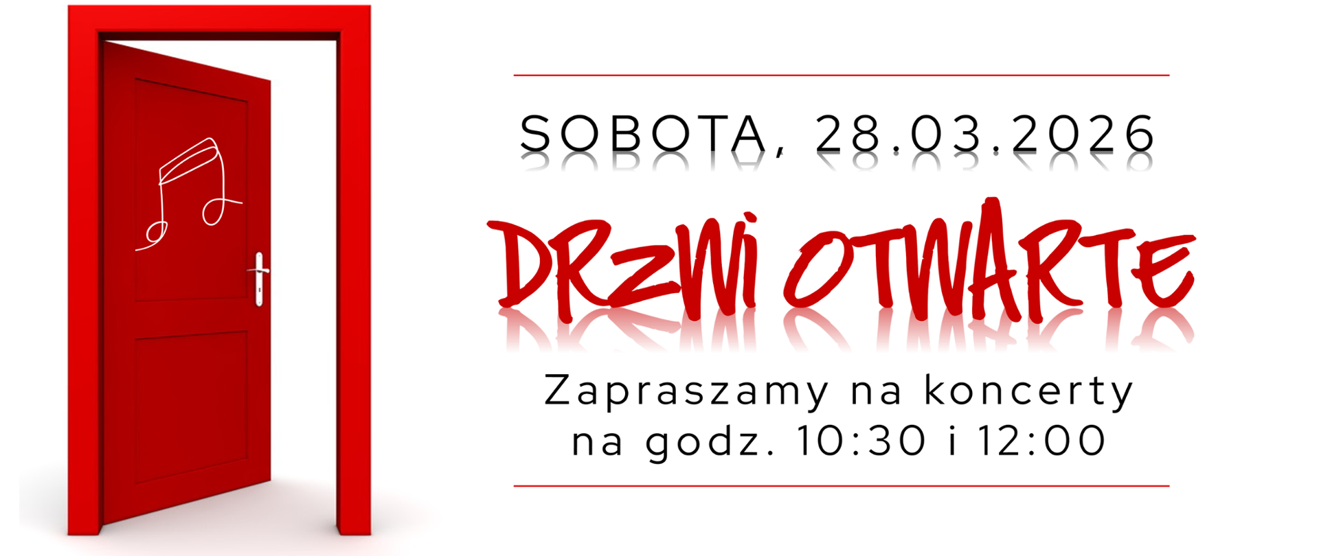 Plakat z czarnymi i czerwonymi literami na białym tle. Po lewej czerwone drzwi.