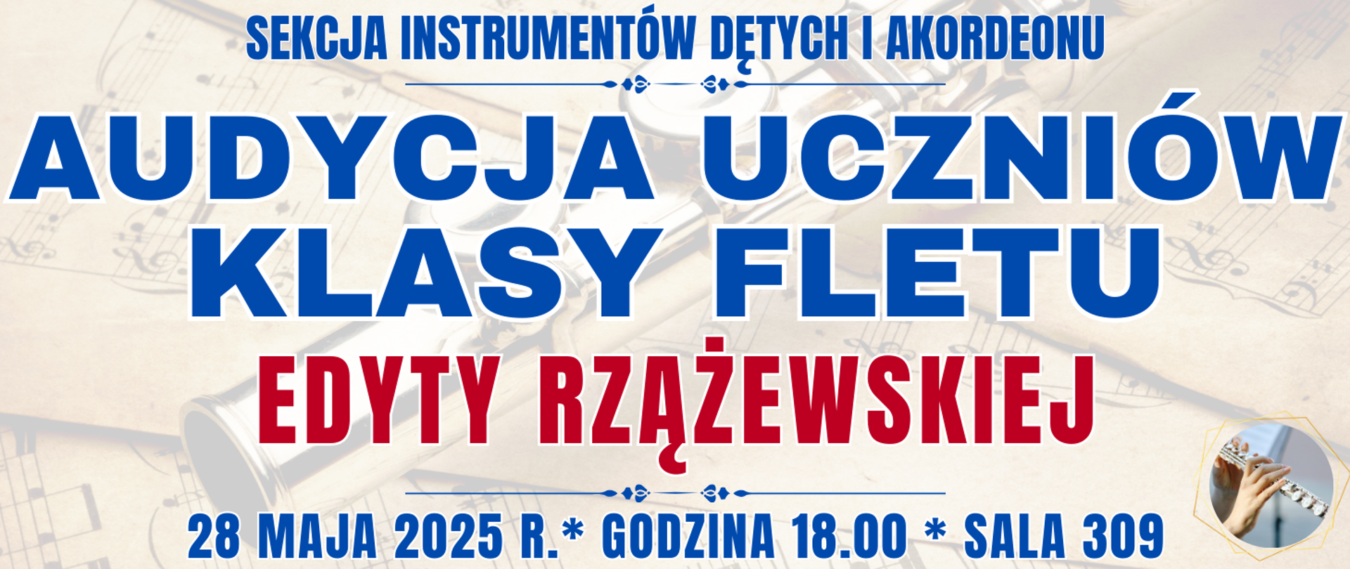 baner w tle półprzezroczysty flet poprzeczny na nutach oraz informacja o wydarzeniu