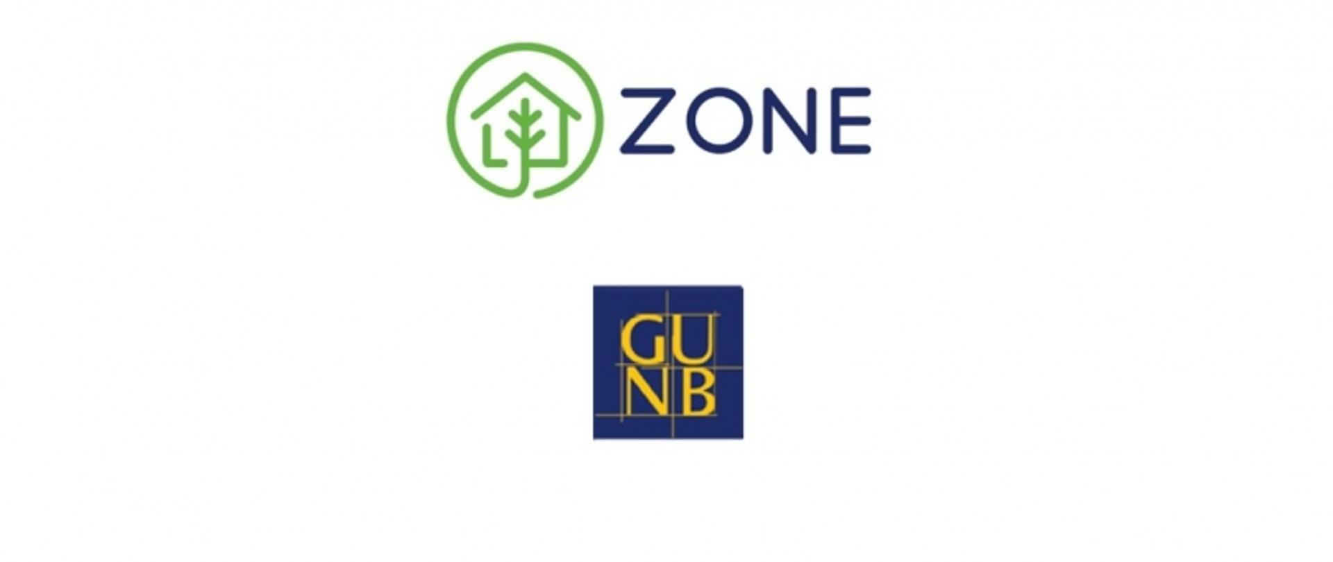Logo „ZONE” z domem i drzewem oraz logo „GU NB” w niebieskim kwadracie z żółtymi literami.
