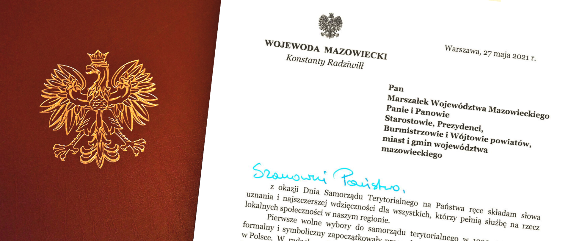 Grafika przedstawiająca brązową teczkę z tłoczonym złotym orłem z godła Polski, na której umieszczono list Wojewody Mazowieckiego do samorządowców województwa mazowieckiego. 
