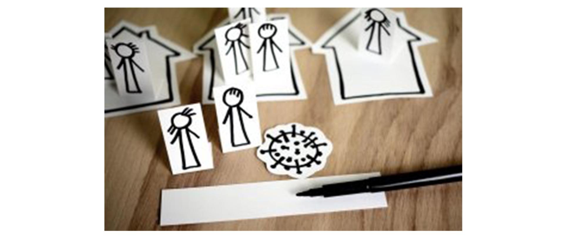 Zdjęcie poglądowe: rysunkowe wycinki przedstawiające podobizny kobiet i mężczyzn w kilku domach oraz wirusa SARS-CoV-2