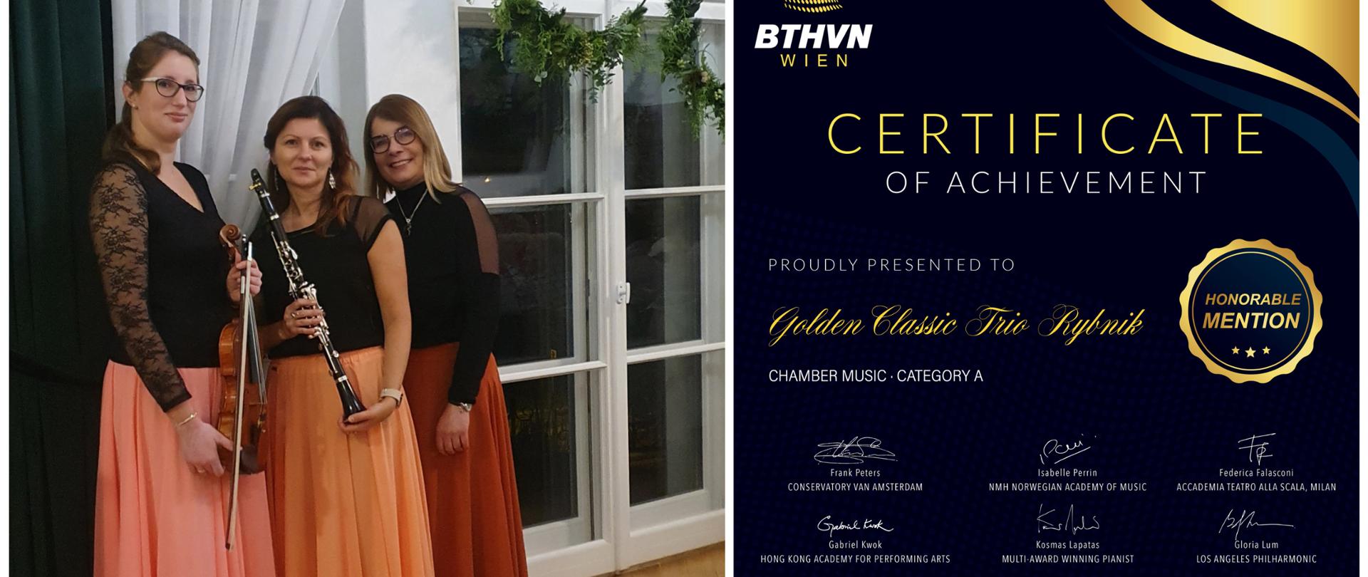 Kolaż dwóch, kolorowych zdjęć. Pierwsze przedstawia trzy Panie z Golden Classic Trio stojące obok siebie. Ubrane są w czarne bluzki i długie spódnice w różnych odcieniach koloru pomarańczowego (pierwsza z nich trzyma skrzypce, druga klarnet, trzecia stoi bez żadnego instrumentu). Drugie zdjęcie przedstawia certyfikat wyróżnienia z konkursu BTHVN WIEN (granatowe tło ze złotymi wstawkami).