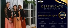 Kolaż dwóch, kolorowych zdjęć. Pierwsze przedstawia trzy Panie z Golden Classic Trio stojące obok siebie. Ubrane są w czarne bluzki i długie spódnice w różnych odcieniach koloru pomarańczowego (pierwsza z nich trzyma skrzypce, druga klarnet, trzecia stoi bez żadnego instrumentu). Drugie zdjęcie przedstawia certyfikat wyróżnienia z konkursu BTHVN WIEN (granatowe tło ze złotymi wstawkami).