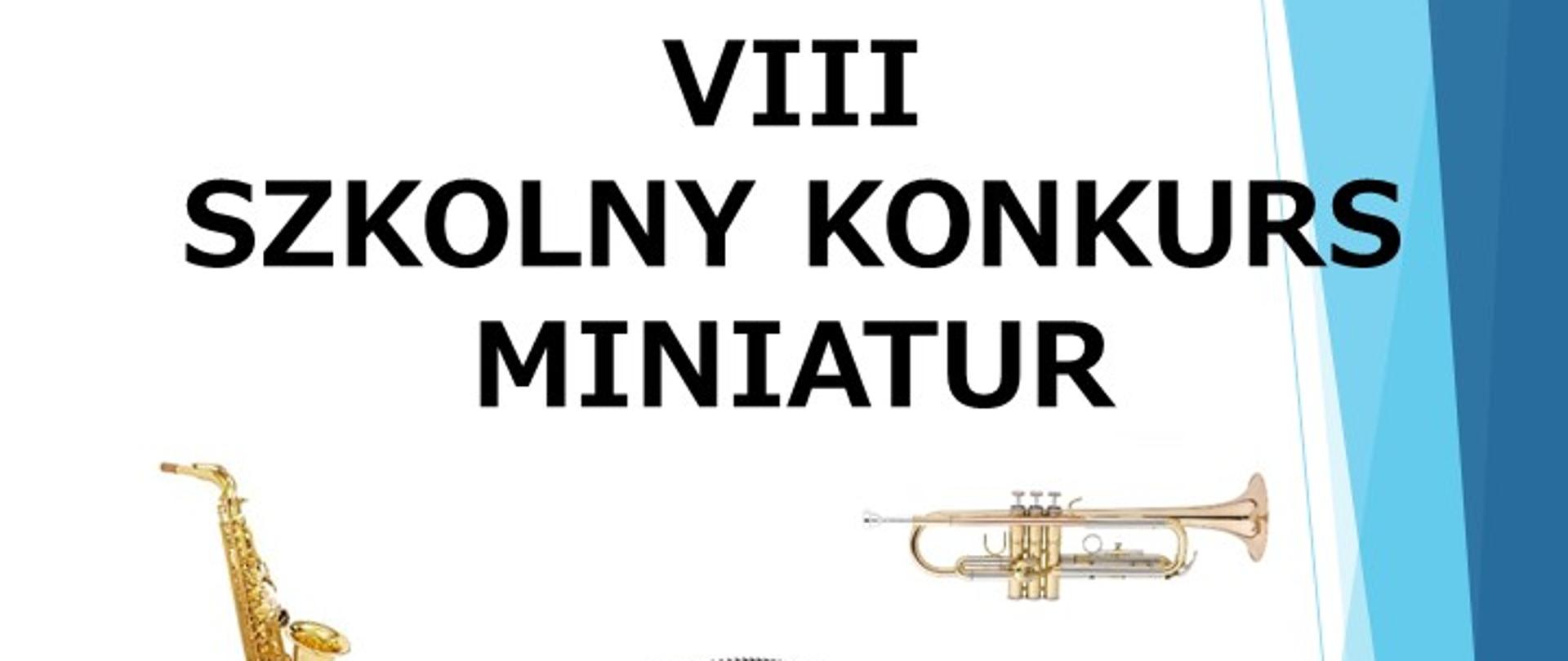 Plakat na białym tle z niebieskimi paskami po prawej stronie i kolorowymi zdjęciami instrumentów dętych: puzon, trąbka, saksofon, ksylofon, akordeon, klarnet, flet.