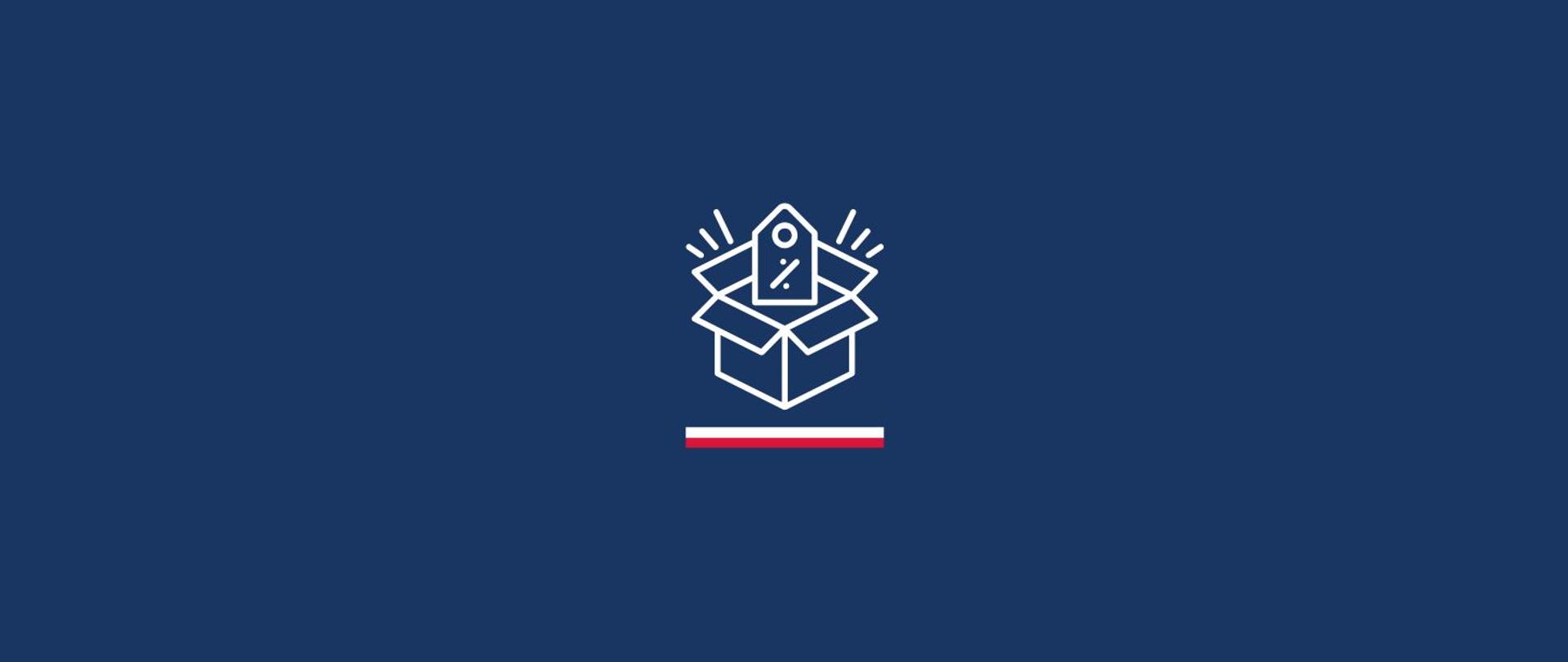 grafika ilustrująca ogłoszenie o zbędnych i zużytych składnikach majątku ruchomego Ambasady RP w Wellingtonie - na granatowym tle białe pudło i etykieta sprzedażowa z biało-czerwonym paskiem poniżej