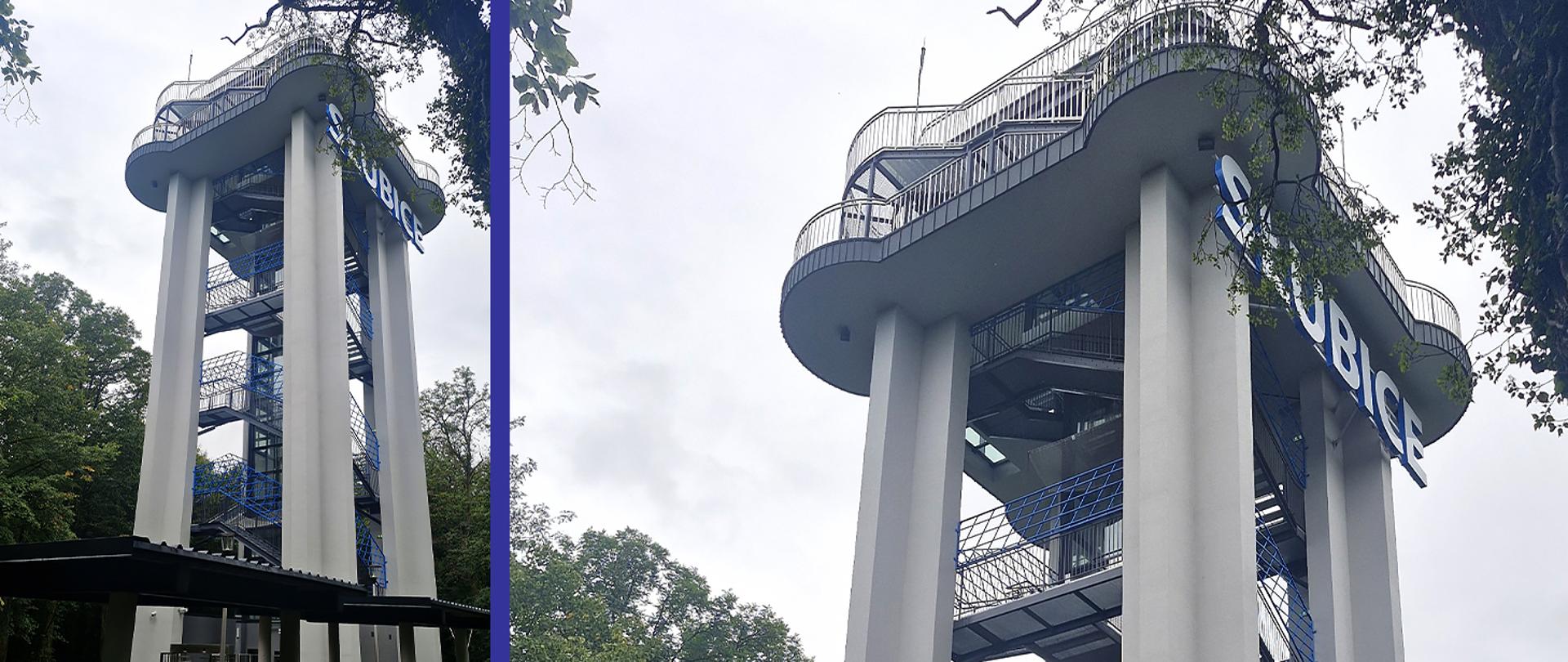 Wieża widokowa wsparta na 4 filarach. Widać 2 tarasy widokowe i szyb windy. Pod niższym tarasem – duży napis: Słubice.