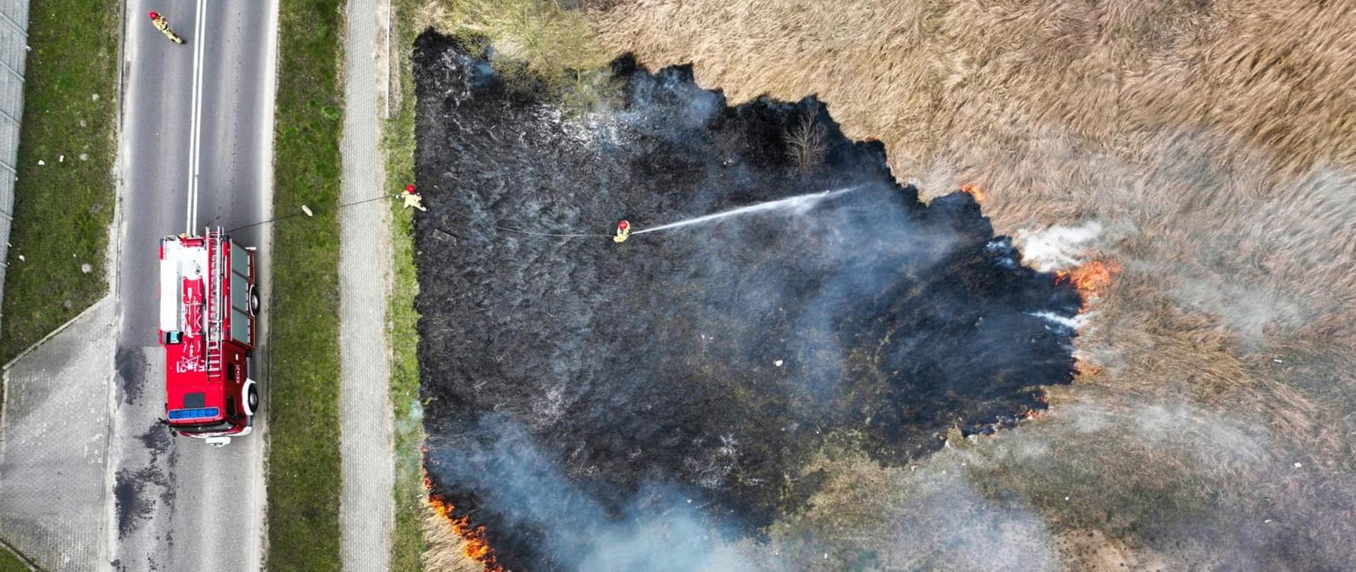 Zdjęcie przedstawia spaloną trawę po pożarze w tle droga oraz samochód strażacki.