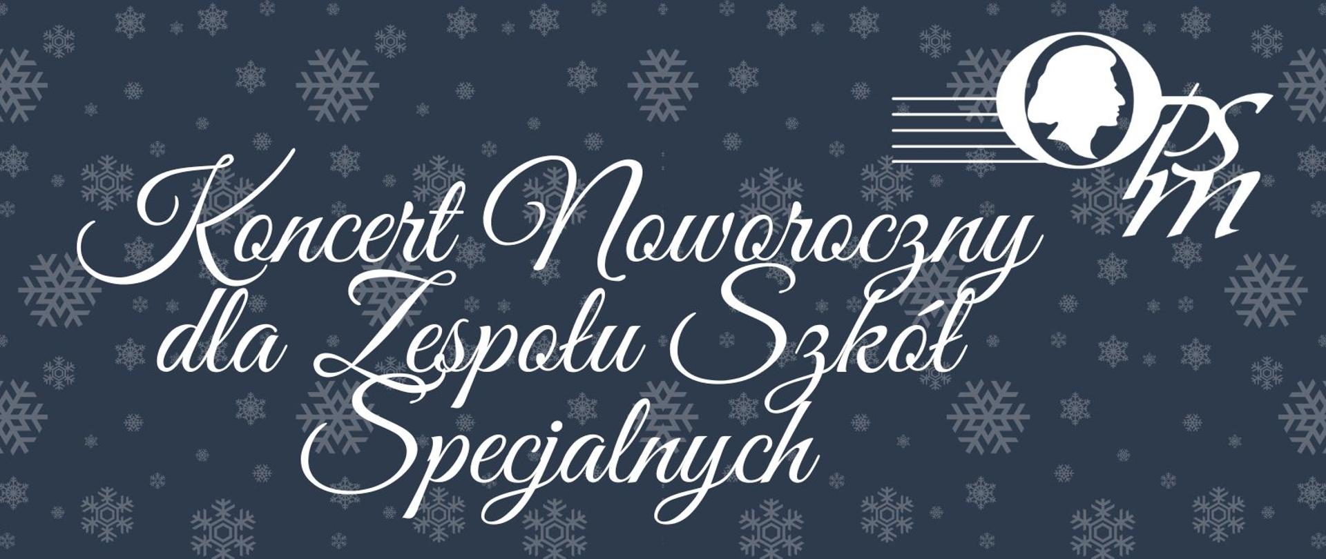 w górnym prawym rogu logo szkoły, w centralnej części szczegółowe informacje o Koncercie Noworocznym dla Zespołu Szkół Specjalnych, na dole plakatu domki i choinki zasypane śniegiem , całość na grafitowym tle pokrytym śnieżynkami