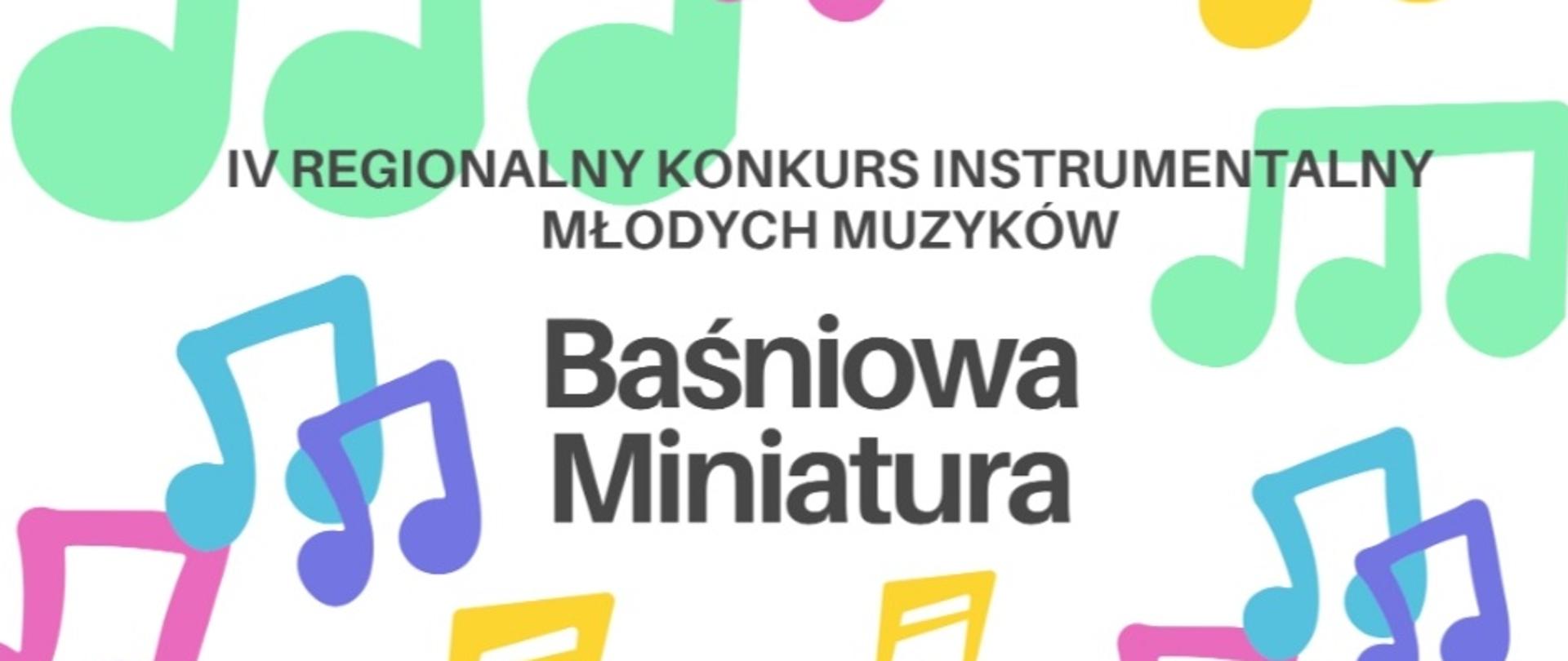 plakat na białym tle zawiera kolorowe nutki, w części środkowej tytuł konkursu napisany czarnymi literami