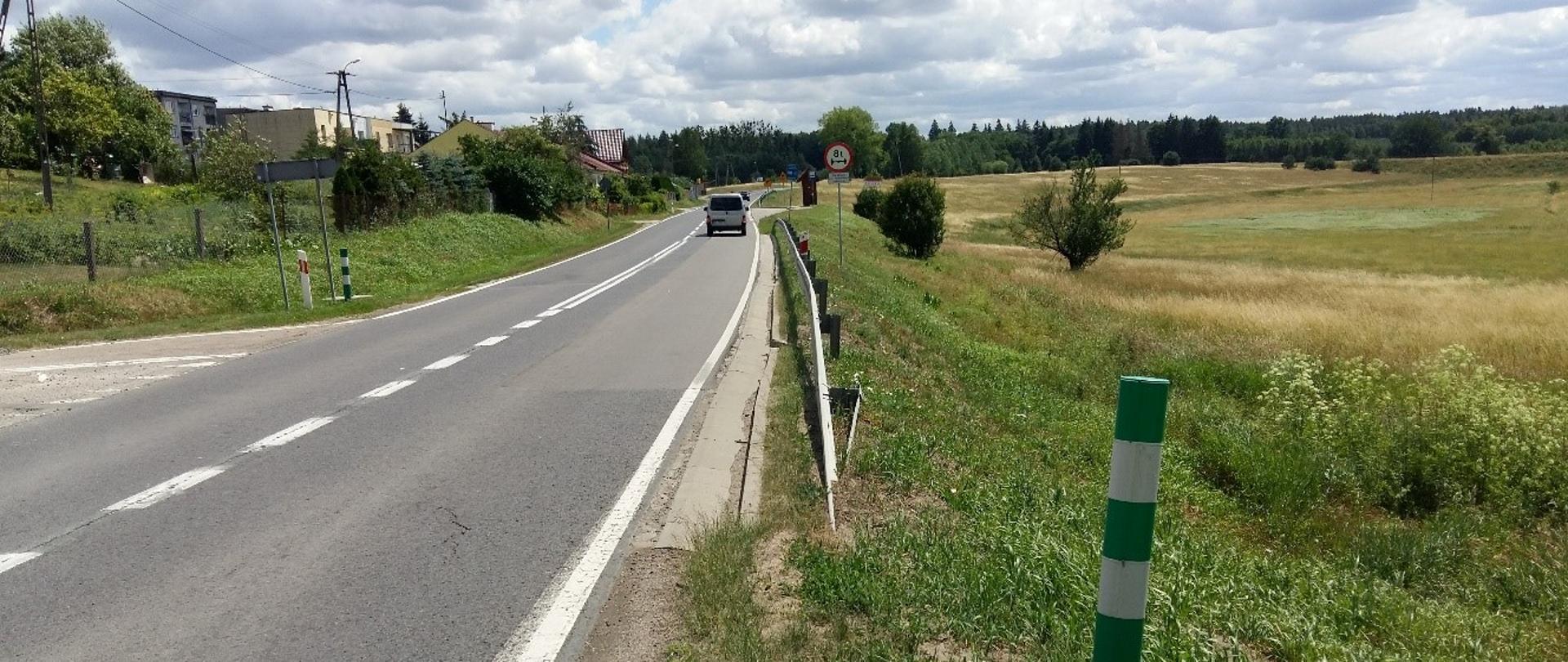 Droga asfaltowa. Po prawej stronie łąki, po lewej wiejska zabudowa mieszkaniowa.