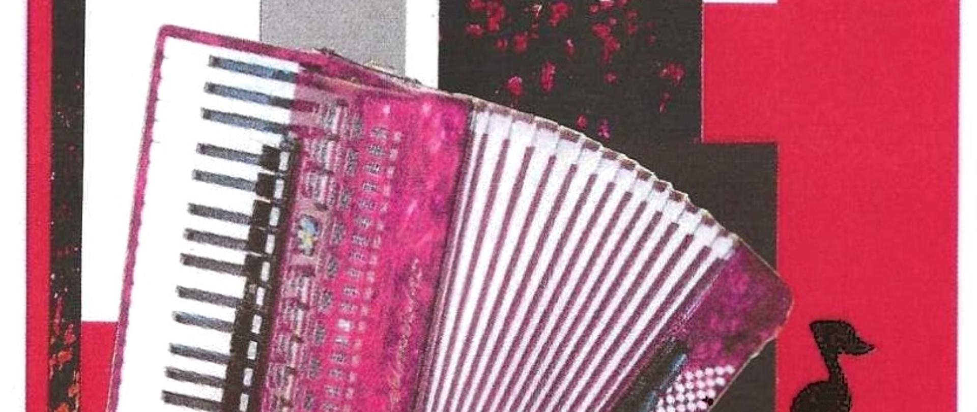 Kompozycja geometrycznych kształtów w kolorach czarnym, czerwonym, białym i srebrnym, co nawiązuje do klawiszy akordeonu i nut muzycznych. Na tle tej kompozycji widnieje grafika akordeonu w odcieniach różu i bieli. W różnych miejscach pojawiają się czarne i czerwone nutki. 