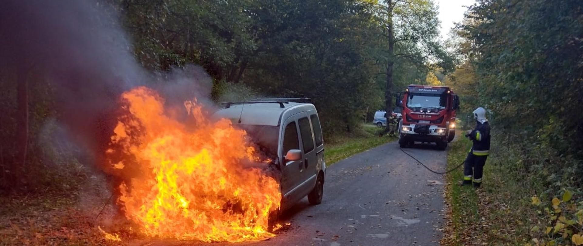 Na drodze przy lesie pali się auto osobowe. Duże płomienie z przodu pojazdu. Za płonącym autem stoi straż pożarna. Z prawej strony strażak z wężem.